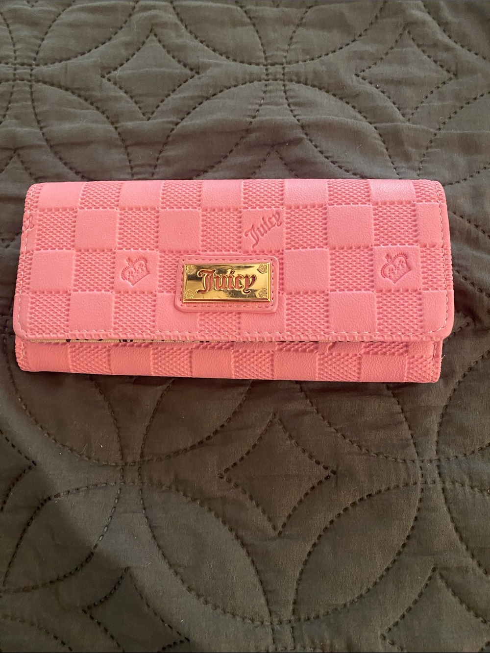 Juicy Couture Pink Check Embossed Long Wallet with Gold Plate